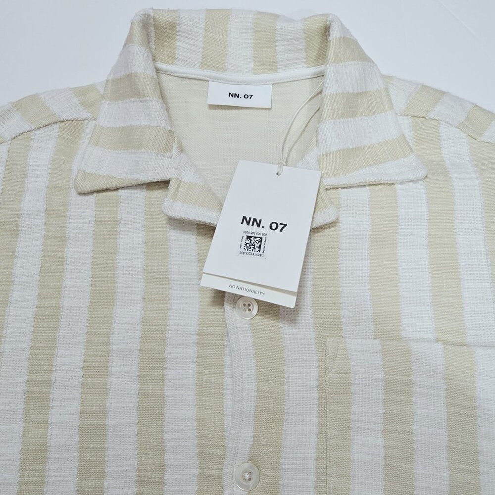Nwt NN07 L Julio Khaki Striped Short Sleeve Button Up Camp Shirt Mens $240 Read* - Picture 9 of 9